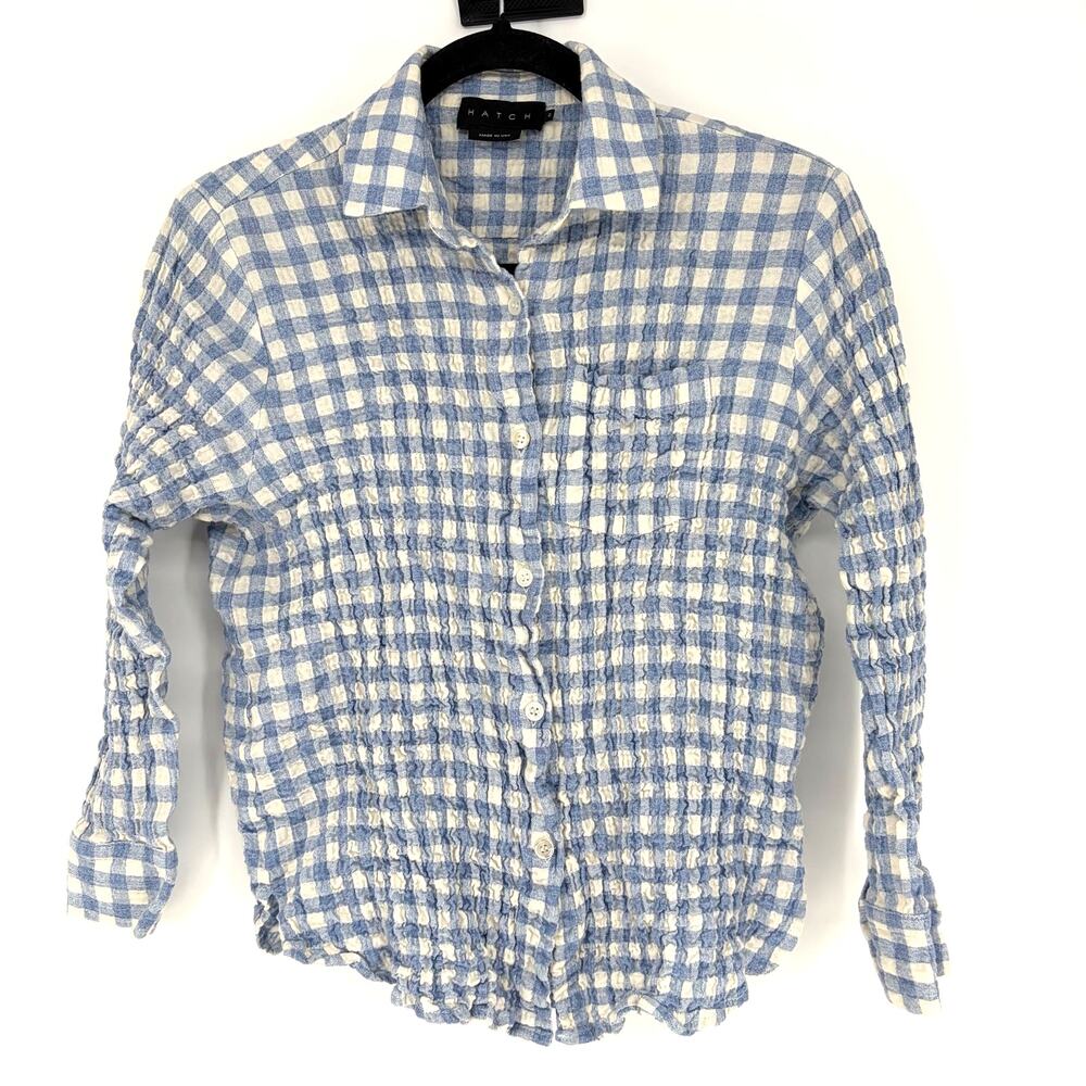 HATCH Smocked Gingham Button Down Shirt Blue White Cotton Women's XS 0